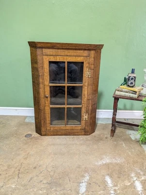 Vintage Wall Corner Display Cabinet English Oak Cupboard Glass Bespoke  - Image 1 of 4