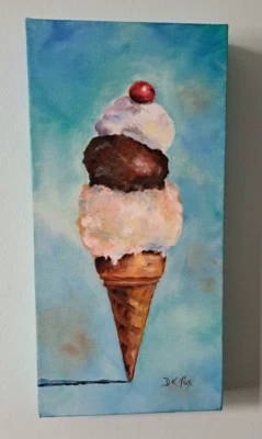 Cono de helado pintura artística original DK Fox comida caprichosa colorida firmada divertida Foto 1 de 4