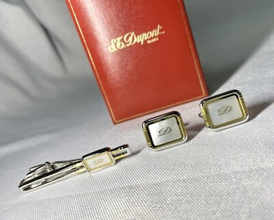 Auth beautiful S.T.Dupont Tie Clip Cufflinks SET  white shell bar Gift - Image 1 of 4