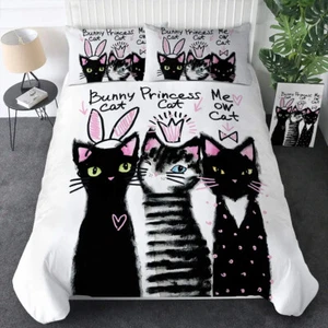 Black White Cats World Quilt Cover Duvet Cover Bedspread Bedding Set Single Size - Picture 1 of 8