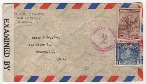 1942 Aug 10th. Censor Air Mail. San Salvador to Newark, USA Cover