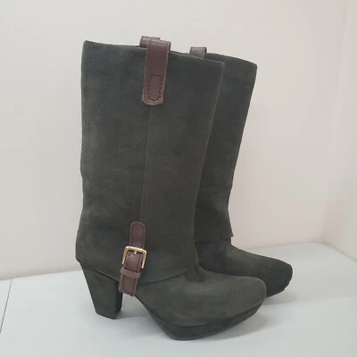 EARTHIES Lintz Pine 8M Verde Gamuza Cuero Media pantorrilla Grueso Tacón Plataforma Botas Foto 1 de 4