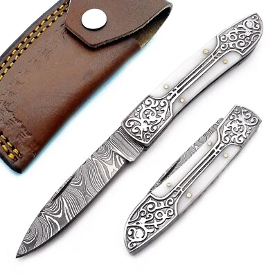 Damascus handmade Folding Knife Pocket knife camping Hunting Knife with Pouch - Image 1 of 4