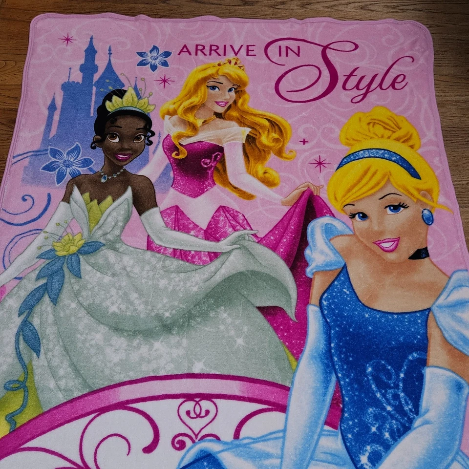 Disney Princess Pink Fleece Blanket Cinderella Tiana Aurora Arrive In Style NW - Image 1 of 4