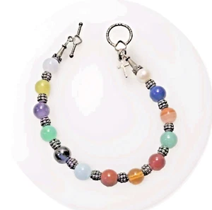 Bracciale a levetta cuore croce fede perle vetro multicolore 7 pollici Vintage - Foto 1 di 11