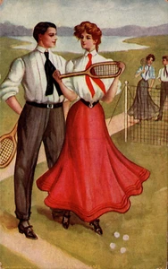Postal de saludos Badmiton 1907 vintage "Un juego de amor" sin publicar - Imagen 1 de 2