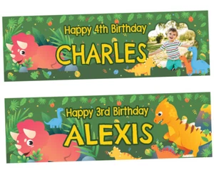 2 Personalised birthday banner Dinosaur photo children kids party decoration - Picture 1 of 4