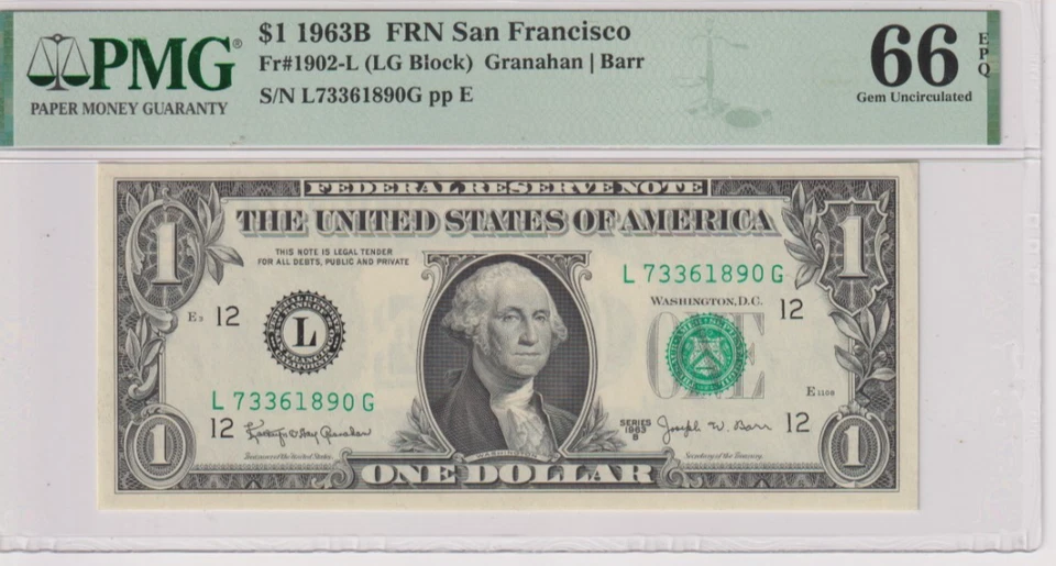 Fr 1902-L 1963B $ FRN L73361890G PMG 66EPQ SAN FRANCISCO BARR 1963-B - Image 1 of 2