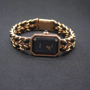 Vintage CHANEL H0001 Black Dial Plated Gold/Leder Quarzuhr - Bild 1 von 13