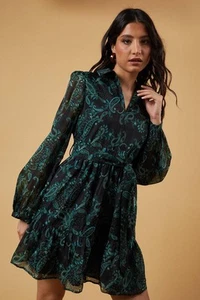 Oasis Womens Mini Dress Teal Floral Organza Collared Long Balloon Sleeves - Picture 1 of 5