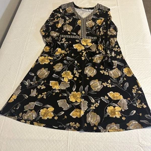 susan graver printed liquid knit v-neck dress black Floral Medium Officecore - Picture 1 of 16