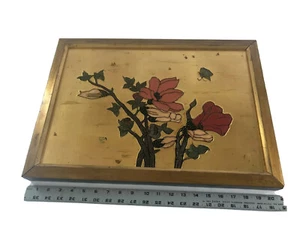Blumen rosa & rote Rosen Vintage Gemälde Kunst gold bemalt Holzrahmen - Bild 1 von 12