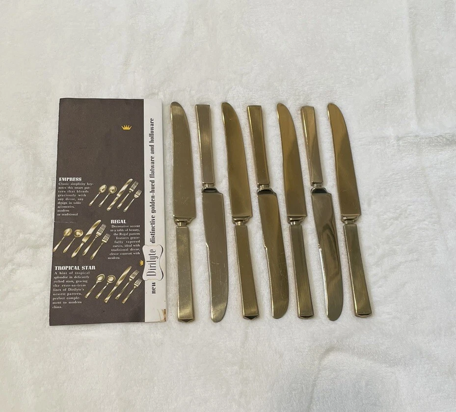 Set of 7 Vintage Dirigold Dirilyte Goldware Empress 8 5/8" Dinner Knives MCM - Image 1 of 4