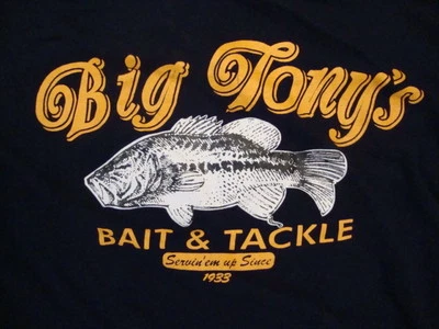 Active Rugged Wear Big Tony's Bait & Tackle Fishing Navy / Yellow T Shirt L - Imagem 1 de 2