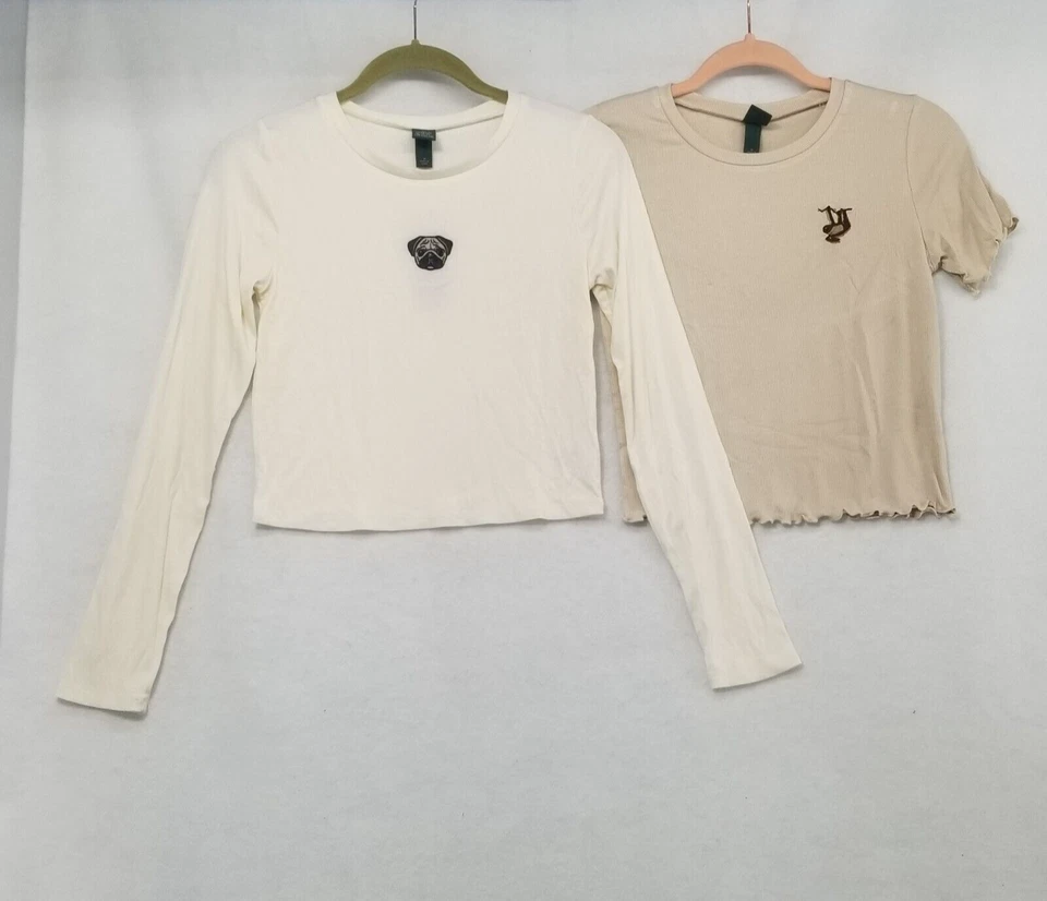 White Pug Embroidery Long Sleeve Fitted Rib-knit Women's Wild Fable M B7