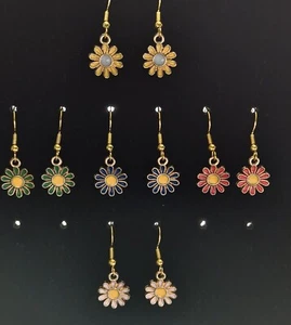 Daisy enamel charm drop earrings on stamped 925 gold plated hooks, choose colour - Picture 1 of 12