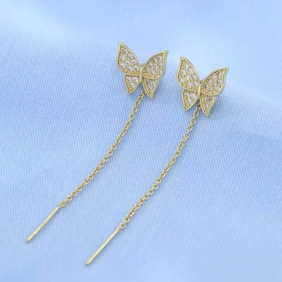 Stunning Butterfly Drop Earrings Round Simulated Diamond 14k Yellow Gold Plated - Image 1 of 4