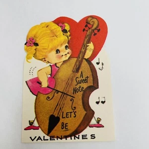 VTG Valentines Card Girl Cello Blonde Hair Pigtails Pink Sweet Note Unused - Picture 1 of 4