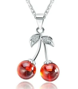 925 Solid Sterling Silver Red Cherries with Leaves Pendant Necklace Charm Silver - Picture 1 of 7