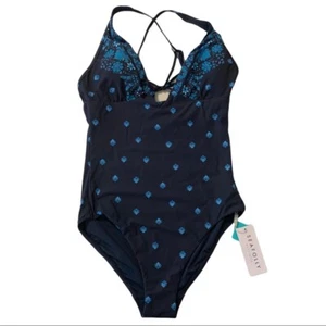 Seafolly Sunflower Border V Neck Maillot Swimsuit Blue 8 - Picture 1 of 15