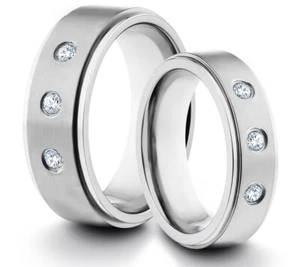 HIS & HERS 8MM/6MM Titanium Matte Silver Diamond Inlay Wedding Band TWO RING SET - Picture 1 of 3