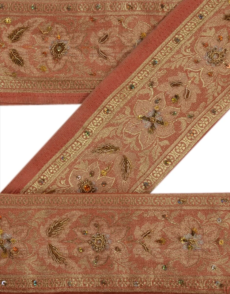 Borde de sari vintage sánskriti tejido a mano adornos artesanales encaje 1 yarda seda pura Foto 1 de 4