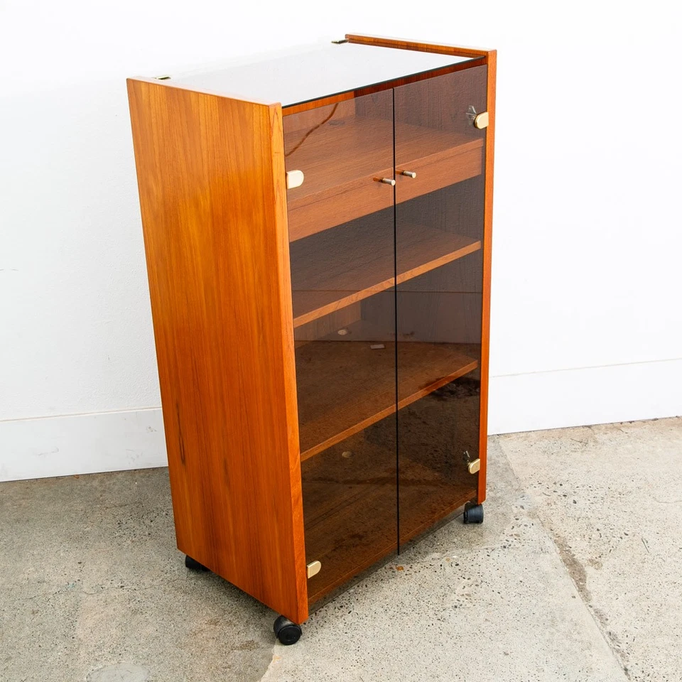 Mid Century Modern Stereo Storage Cabinet Teak Smoked Glass Hifi Audio Mcm Brass - Image 1 of 4