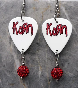 Korn Guitar Pick Earrings with Red and Black Pave Bead Dangles - Picture 1 of 5