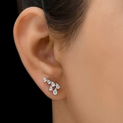 1.07 Ct Lab Grown CVD Pear Diamond Cluster Stud Earrings 18k White Solid Gold - Image 1 of 4