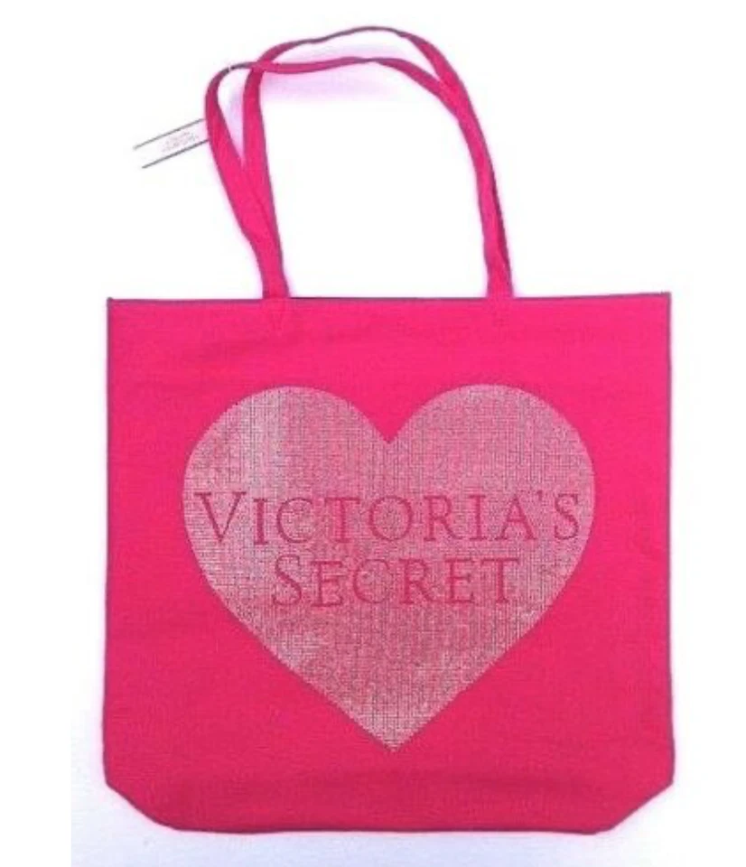 Victorias Secret Pink Sequin Heart Canvas Tote Shopping Beach Bag G5