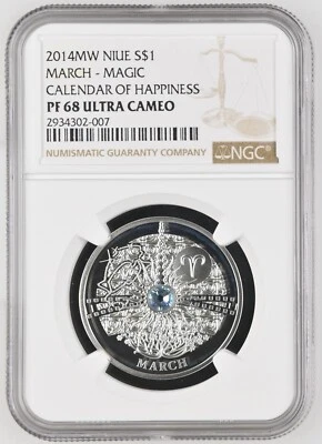 2014 MW NIUE MARCH - MAGIC CALENDAR OF HAPPINESS S$1 NGC PF 68 CAMEO Silver - Image 1 of 2