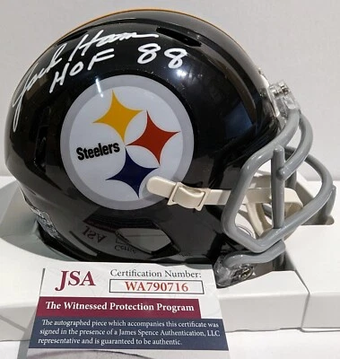 PITTSBURGH STEELERS JACK HAM SIGNED INSCRIBED "HOF 88" SPEED MINI HELMET JSA COA - Image 1 of 3