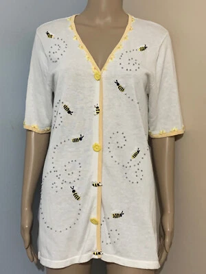 STORYBOOK KNITS M White Yellow Button Emb BUMBLE BEE CARDIGAN SWEATER Elbow Slv - Image 1 of 4