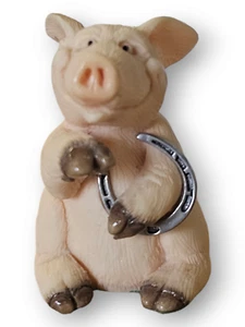 David Corbridge Piggin Good Luck Figurine - Lucky Pig with Horseshoe - Picture 1 of 5