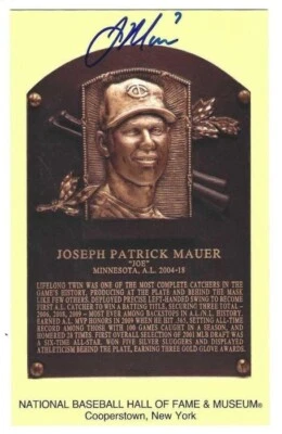 Signed JOE MAUER HOF Hall of Fame Gold Plaque Post Card Beckett Hologram - Image 1 of 2