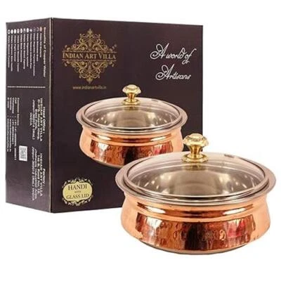 INDIAN ART VILLA Steel Copper Induction Handi Bowl with Glass Lid (1450 ML) - Image 1 of 4