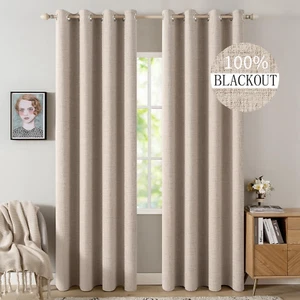 100% Blackout Linen Textured Curtains for Bedroom Solid Thermal Insulated Natura - Picture 1 of 12