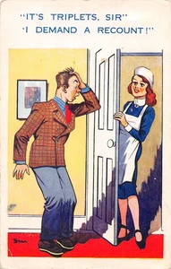 POSTCARD COMIC  FATHER  MIDWIFE  RECOUNT - Picture 1 of 2