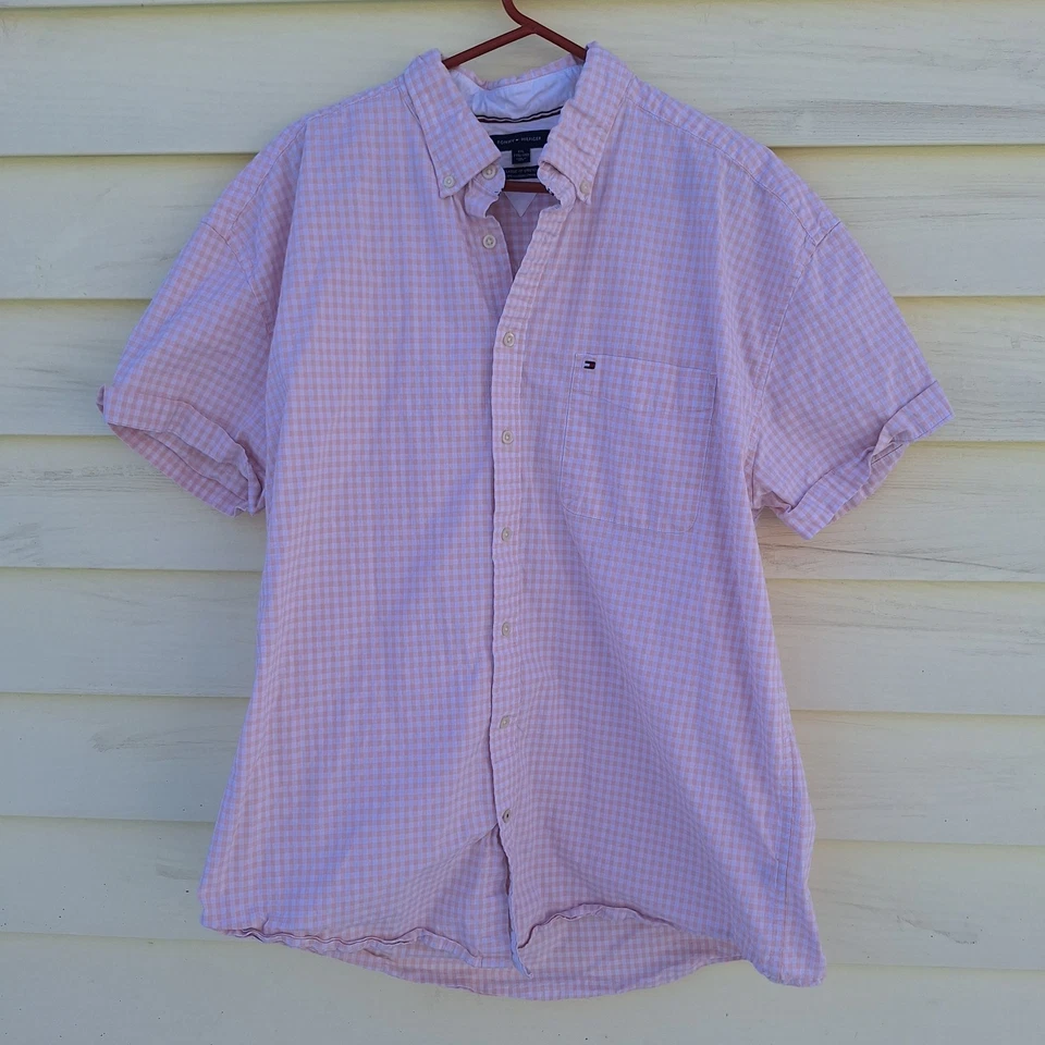 Camisa Tommy Hilfiger Para Hombre Talla XXL Manga Corta Rosa Cuadros Abotonada Preppy  Foto 1 de 4
