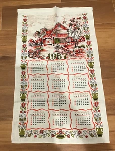 New 1967 Linen Wall Calendar Kitchen Tea Towel Red Barn 16 x 27 - Picture 1 of 6