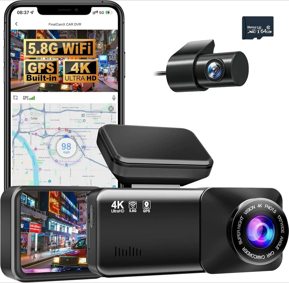 Dashcam Pro 4k mit Front und Rückkamera, 5.8GHz WiFi, kostenlose 64GB Karte - Bild 1 von 4