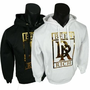 Sudadera con Capucha Para Hombre Negra Blanca BEEN RICH METALLIC Dorado Calcomanía Bolsillos Hip Hop Bleecker - Imagen 1 de 8