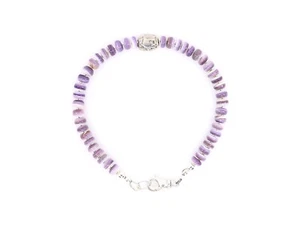 4mm Purple Wampum Quahog Rondelle Beaded Artisan Bracelet in Sterling Silver - Picture 1 of 5