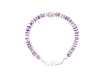 4mm Purple Wampum Quahog Rondelle Beaded Artisan Bracelet in Sterling Silver - Image 1 of 4