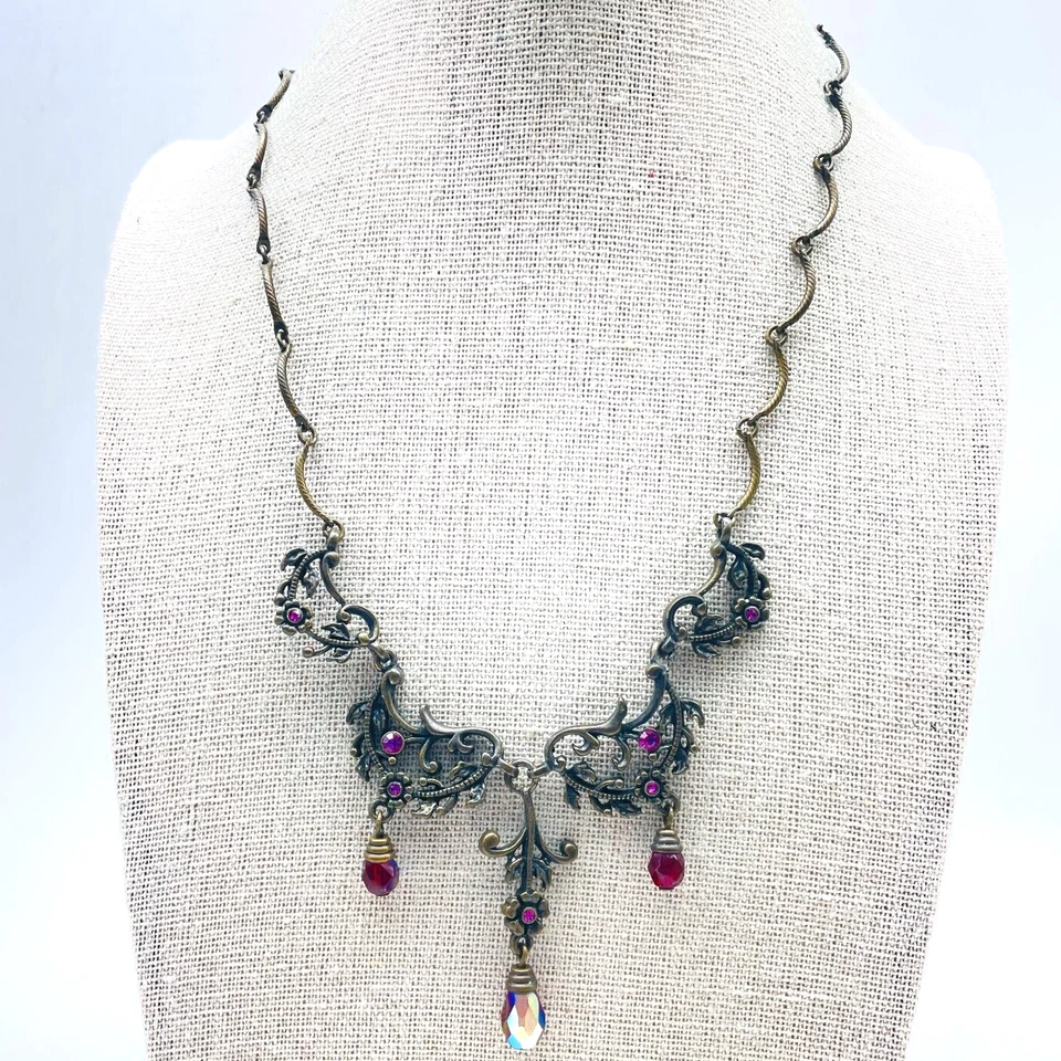 雅芳扇形面板项链黄铜红色珠子花卉Swag自然植物 — 第 1/4 张图片