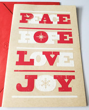 Christmas Card American Greetings Glittery Peace Hope Love Joy Red White Tan