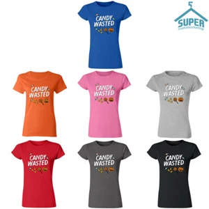 CANDY Wasted LADY T-SHIRT Halloween Funny Tee Shirt Boo Halloween Costume Tees - Picture 1 of 9
