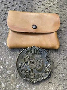 Vintage Schlitz Beer Belt Buckle 40 Horse Hitch Cast Bronze Leather Case - Picture 1 of 6