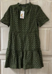 NWT Pretty Garden Army Green Eyelet Tiered Dress Lined Size Small (4-6) - Picture 1 of 12