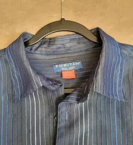 Puritan Mens Shirt Large Blue Stripe Short Sleeve Button Up Casual Work 42/44 - Picture 1 of 12